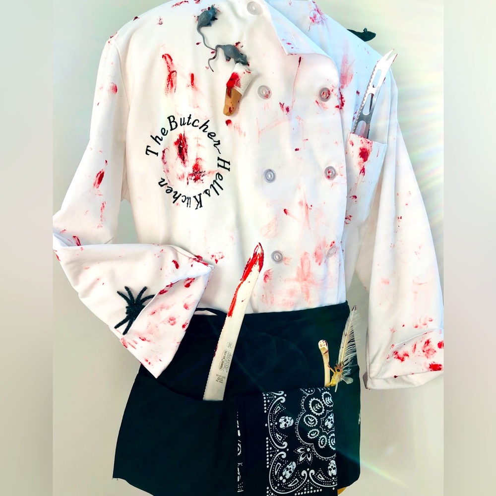 Halloween butcher chef coat feather bird spiders & bones mice Heineken apron L